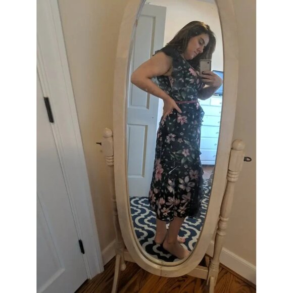 Marchesa Notte Blue Floral Chiffon Midi Gown Size 12 Flutter Sleeve Formal - Picture 9 of 15